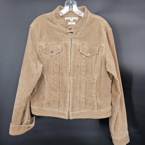 Vintage Tommy Hilfiger Jacket Coat Womens XL Tan Corduroy Stretch Zip Moto Y2K - Picture 2 of 14